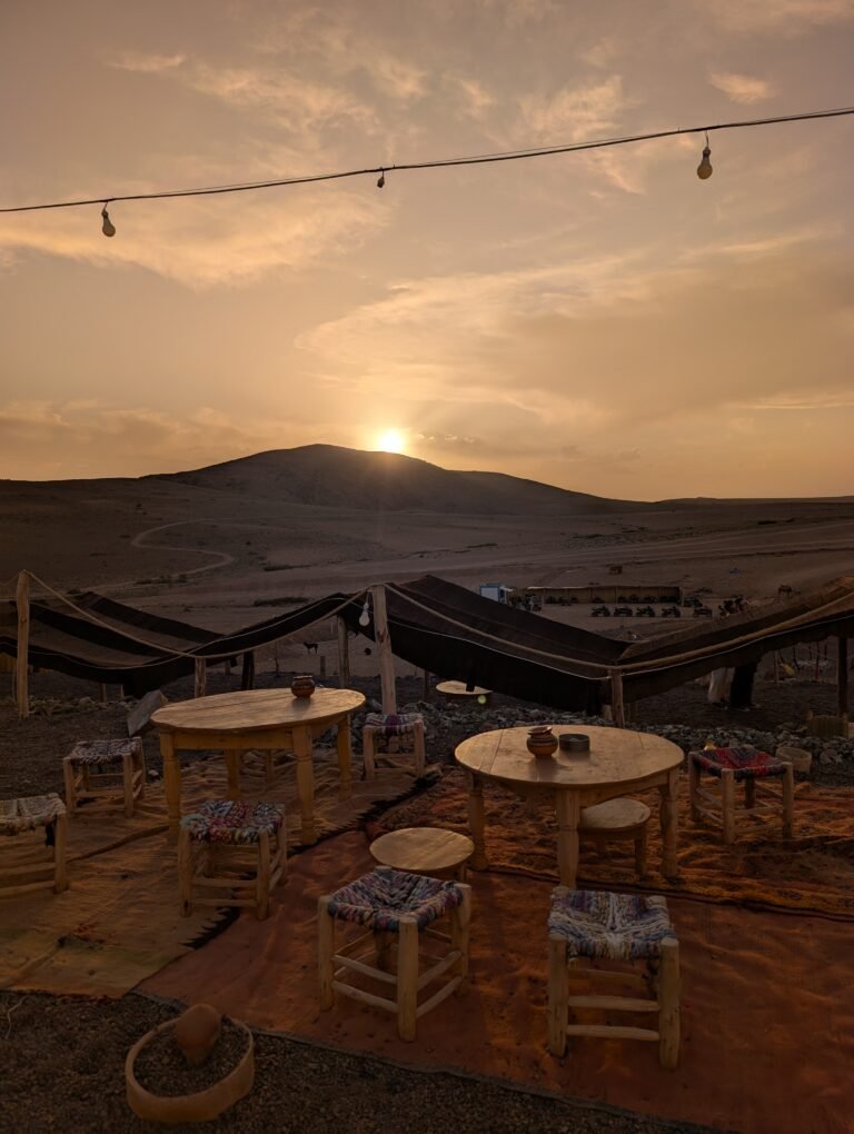 Camel ride at sunset in the Agafay Desert near Marrakech