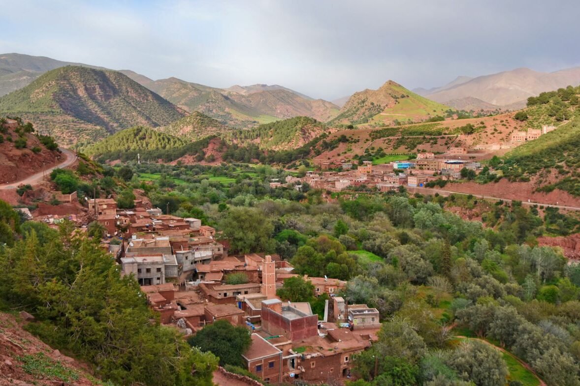 Waterfall and river scenery in the Ourika Valley in the Atlas Mountains..